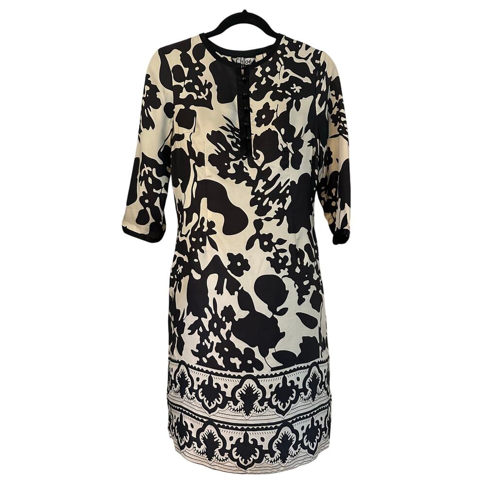 Chloe Black White 100% Silk Abstract Midi Print Dress US 10 RUNS SMALL 6/8